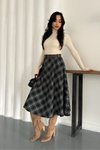 Siyah Ekose Midi Çan Kemerli Etek