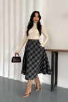 Siyah Ekose Midi Çan Kemerli Etek