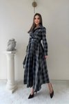 Long Plaid Belted Pocketed Shirt Dress - Black
