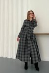 Siyah Ekose Uzun Gömlek Belden Bağlamalı Elbise