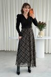 Siyah Ekose Uzun Kruvaze Yaka Kemerli Krep Elbise