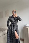 Siyah Ekose Uzun Kuşaklı Gömlek Elbise