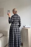 Siyah Ekose Uzun Kuşaklı Gömlek Elbise