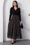 Siyah Ekoseli Uzun Kruvaze Yaka Kemerli Elbise