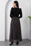 Siyah Ekoseli Uzun Kruvaze Yaka Kemerli Elbise