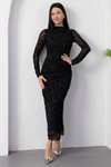 Siyah Flok Baskı Uzun Drapeli Yan Yırtmaçlı Elbise