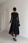 Siyah Flok Baskılı Uzun Asimetrik Dantel Elbise