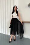 Siyah Midi Asimetrik Kesim Taşlı Astarlı Tül Etek