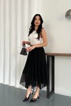 Siyah Midi Asimetrik Kesim Taşlı Astarlı Tül Etek