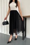 Siyah Midi Asimetrik Kesim Taşlı Astarlı Tül Etek