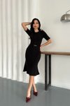 Siyah Midi Kemerli Selanik Kumaş Elbise