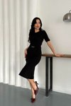 Siyah Midi Kemerli Selanik Kumaş Elbise