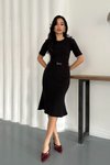 Siyah Midi Kemerli Selanik Kumaş Elbise