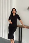 Siyah Midi Kemerli Selanik Kumaş Elbise