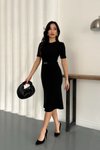 Siyah Midi Kemerli Selanik Kumaş Elbise