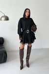 Siyah Mini Gömlek Kemerli Dantel Detaylı Elbise