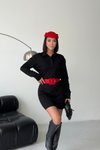 Siyah Mini Polo Yaka Bel Drape Detaylı Elbise
