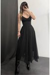 Siyah Uzun Asimetrik Taş Detaylı Şifon Etek