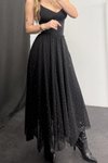 Siyah Uzun Asimetrik Taş Detaylı Şifon Etek