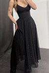 Siyah Uzun Asimetrik Taş Detaylı Şifon Etek