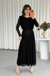 Siyah Uzun Bel Detaylı Dantel Güpürlü Elbise