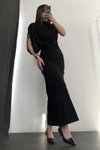 Siyah Uzun Tek Omuzlu Drapeli Sandy Kumaş Abiye Elbise