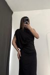 Siyah Uzun Tek Omuzlu Drapeli Sandy Kumaş Abiye Elbise