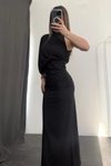 Siyah Uzun Tek Omuzlu Drapeli Sandy Kumaş Abiye Elbise
