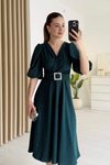 Yeşil Işıltılı Midi Kruvaze Yaka Toka Detaylı Elbise
