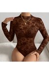 Kahverengi Kadife Flok Baskılı Çiçekli Çıtçıtlı Body