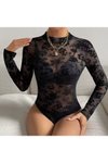 Siyah Flok Baskılı Bodysuit Çıtçıtlı Büstiyer