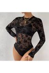 Siyah Flok Baskılı Bodysuit Çıtçıtlı Büstiyer