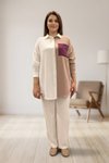 Bej Beyaz Dökümlü Arkası Uzun Tunik Mürdüm Detaylı Gömlek