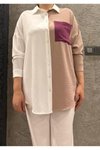 Bej Beyaz Dökümlü Arkası Uzun Tunik Mürdüm Detaylı Gömlek