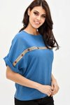 İndigo Mavisi Hasır Şerit Kısa Kollu Düğme Detaylı Bluz