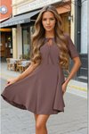 Kahverengi Vizon Mini Volanlı Kısa Kollu Elbise