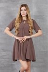 Kahverengi Vizon Mini Volanlı Kısa Kollu Elbise