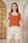 Summer Square-Neck Linen Wide-Strap Blouse - Terra-cotta