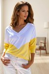 Sarı Beyaz V Yaka Penye Triko Bluz