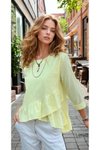 Sarı Pastel Arkası Uzun Fırfırlı Pamuk Keten Bluz