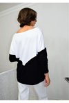 Siyah Beyaz Color Block V Yaka Yumuşak Dokulu Penye Bluz