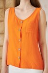 Turuncu Kalın Askılı Düğmeli Keten Bluz