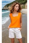 Turuncu Yazlık Kare Yaka Keten Bluz