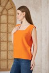 Turuncu Yazlık Kare Yaka Keten Bluz