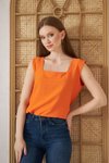 Turuncu Yazlık Kare Yaka Keten Bluz