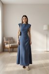 Mavi Keten Uzun Yandan Yırtmaçlı Elbise