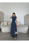 Mavi Keten Uzun Yandan Yırtma çlı Elbise