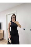 Siyah Fitilli Uzun Triko Elbise
