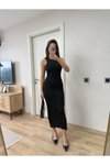 Siyah Fitilli Uzun Triko Elbise