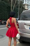 Kırmızı Mini Boyundan Bağlamalı Kare Yaka Balon Astarlı Elbise